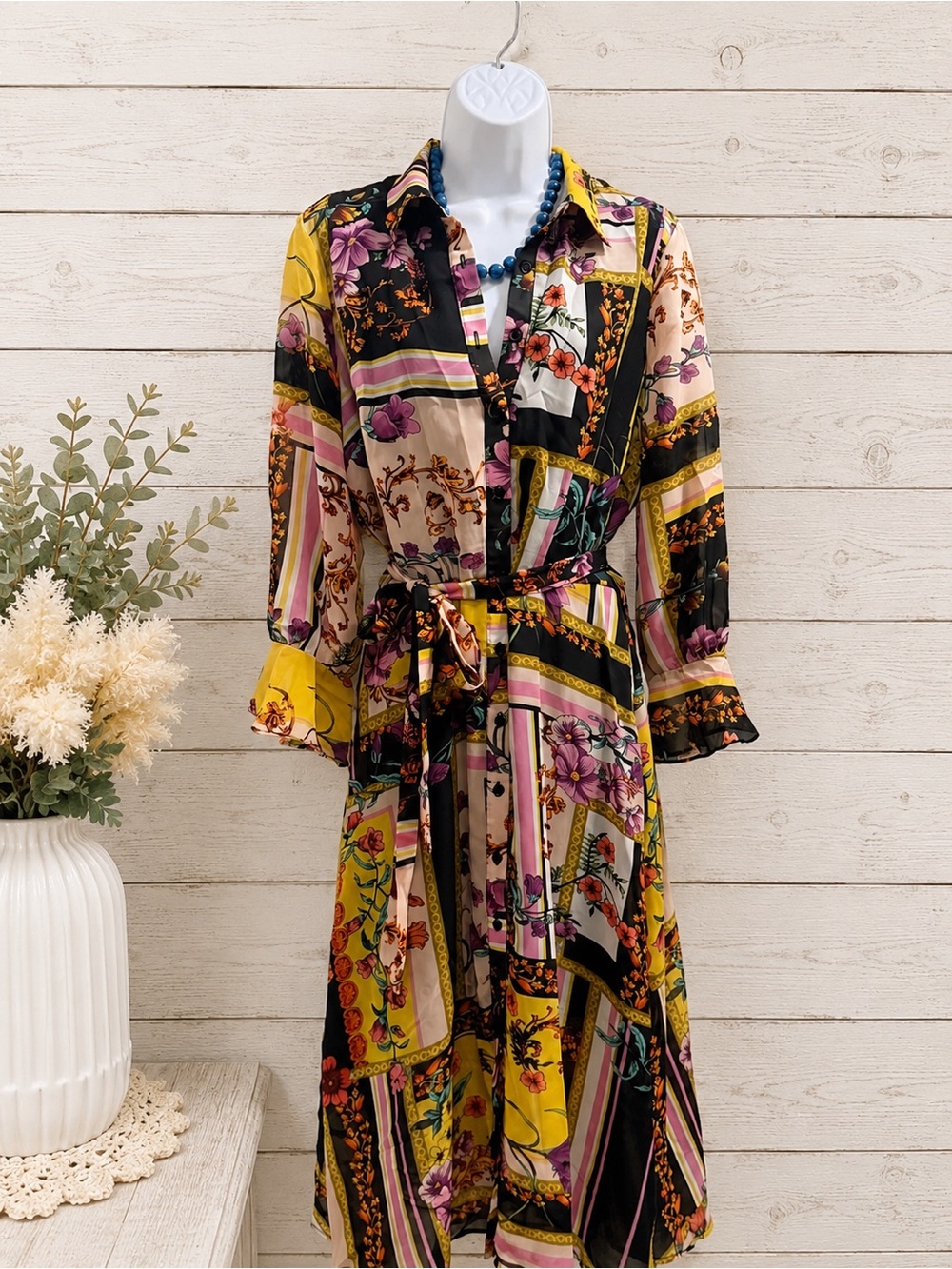 Label by 5 Twelve- Printed Belted Shirt Dress in Yellow Multi -Size 6